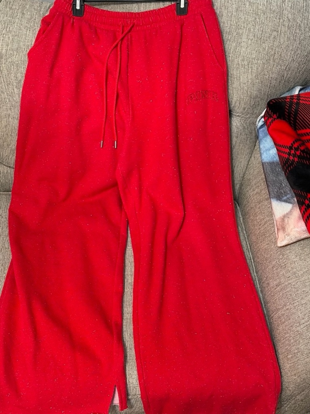 PINK Victoria's Secret Red Sparkle Wide-Leg Sweatpants